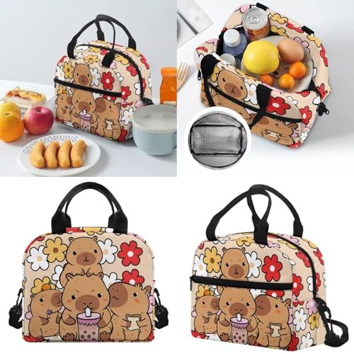 Horeset Capybaras Hippie Daisy Backpack Set for Girls Kids 17inch Bookbags with Water Bottle Cover Picnic Insulated Lunch Tote Bag Set of 3 Large Capacity Elementary Middle School Bags Rucksack - color: Capybaras Hippie Daisy