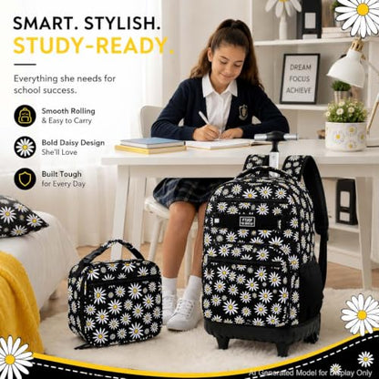 AGSDON Rolling Backpack for Girls, Women Roller Wheels Bookbag, Laptop Daisy Wheeled School Bag with Wheels for Teens - color: Daisy Black