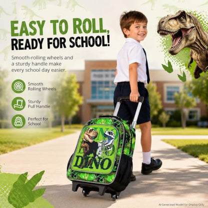 WZLVO 3PCS Rolling Backpack for Boys, Kids Dinosaur Bookbag with Roller Wheels, Suitcase School Bag Set for Toddler Elementary - color: Dinosaur Green