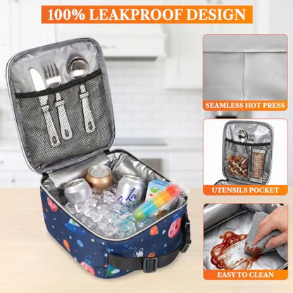 opux Insulated Lunch Bag for Kids Boys Girls, Small Compact Lunch Box with Wide Opening & Mesh Pockets, Reusable Lunch Pail for School, Work, Adults, Men, Women, Space Astronaut - color: Space Astronaut