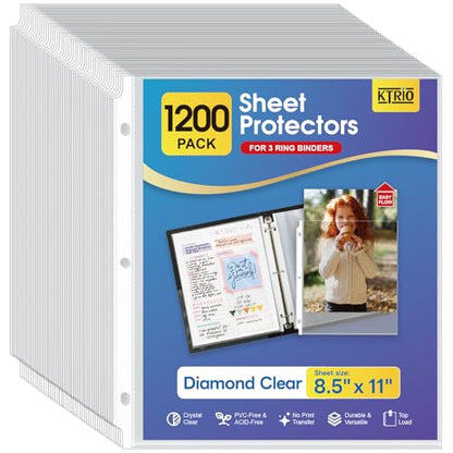 KTRIO Sheet Protectors for 3 Ring Binder 1200 Pack Plastic Sleeves 8.5 x 11 | Clear Page Protectors, Acid-Free Plastic, Fits Letter Size Paper Documents, Top Loading, Business Office School Supplies - size: 1200 Pack, style: Clear Finish