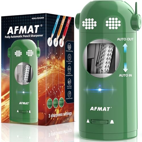 AFMAT Electric Pencil Sharpener Fully Automatic, Colored Pencil Sharpeners for 7-11.5mm Pencils, Rechargeable Hands-Free Robot Sharpener for Classroom, Home, Office, Battery Operated, PSX5EW, Green - color: Green