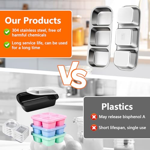 3 Pack Container Sets, Stainless Steel Food Containers, 3-Compartment Leak-Proof Lunch Box Set, Reusable Bento Boxes, Stackable Storage Containers, Ideal for School, Daycare, Work, and Travel