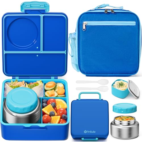 Fimibuke Bento lunch Box Set for Kids Adult with 8oz Insulated Food Jar, Lunch Bag & Sauce Cup, Leakproof Dishwasher Safe Toddler Lunch Food Container with 3-4 Compartment for School Girls Boys - color: A4.Ocean Blue