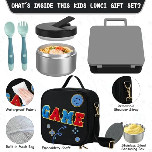 Aimsnk Kids Lunch Box with Thermo Insulated Lunch Bag for School, Black | Kids Bento Lunch Box with 8oz Food Jar, Leak Proof Hot Soup Lunch Containers with 4 Compartment, Warm Lunchbox for Toddler - color: Black