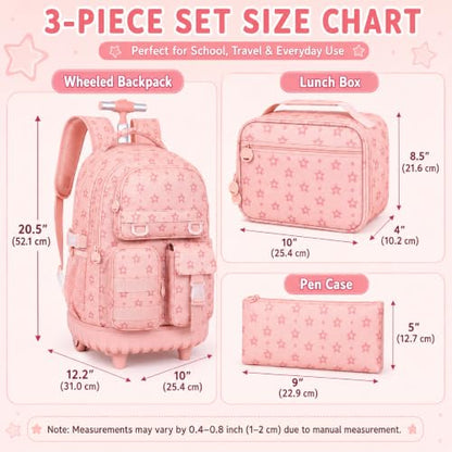 WZLVO 3PCS Rolling School Backpack, Water Resistance Girls Roller Bookbag, Women Aesthetic Wheeled Bag Set with Lunch Box & Pencil Bag for Teens & Kids - Pink Star - color: 3pcs Girls Rolling Backpack - Pink Star