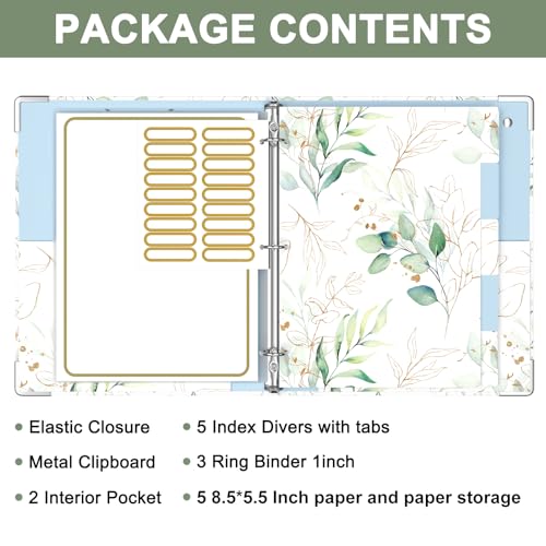 Rouidr Mini 3 Ring Binder with Clipboard, 1 inch Round 8.5 x 5.5 in Cute Binders Organizer with 5 Dividers Tabs & Clear Sleeves, School Supplies, Office Supplies, Leaves - color: Leaves, size: Mini 1in(8.5 x 5.5 in)
