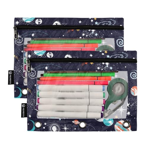 ZAZYXTJ Personalized Space Binder Pencil Pouchs 3 Ring | with Zipper Clear Window Office Organizers bag for School Students Teacher Supplies 2 Pack - color: Space