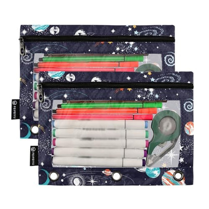 ZAZYXTJ Personalized Space Binder Pencil Pouchs 3 Ring | with Zipper Clear Window Office Organizers bag for School Students Teacher Supplies 2 Pack - color: Space