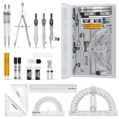 Nicpro 22 PCS Compass Geometry Tools with Case, Drafting Tools Geometry Set with Swing Arm Protractor, Rulers, Metal Compass, Square Set, Mechanical Pencil, Back to School Supplies for Students