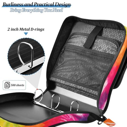 Fisyme Tie Dye Rainbow Zipper Binder 3 Ring with Zipper and Shoulder Strap Large Capacity Multi-Pocket Binder Organizer - color: Multi-colorful