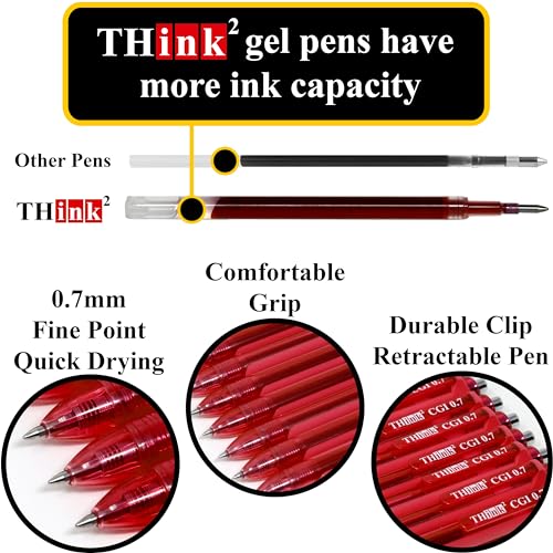 [24 Pens - Red Ink] Think2 0.7mm CGI Retractable Gel Pens. (24 Red) Medium Point Rollerball Pens with Smooth Quick Drying Ink. - color: Red