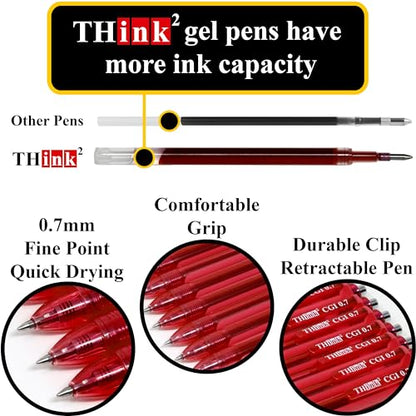 [24 Pens - Red Ink] Think2 0.7mm CGI Retractable Gel Pens. (24 Red) Medium Point Rollerball Pens with Smooth Quick Drying Ink. - color: Red