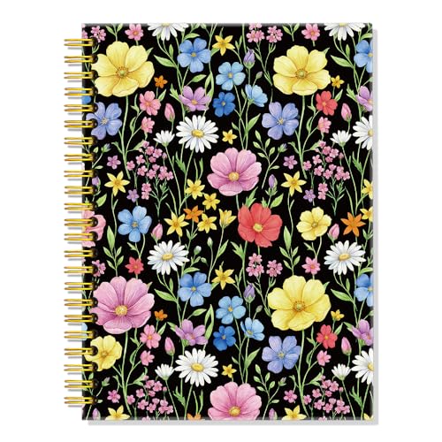 ERHACHAIJIA Watercolor Floral Hardcover 160 Pages Lined Spiral Notebook, Cute Journal Gifts for Women Mom Wife Sister Coworker Colleague Flowers Lover, Ruled Notebook for Work & Note Taking (Black) - color: Black-multi