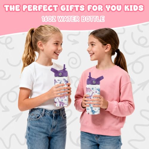 Hiboss Dinosaur Water Bottle for Kids, 16oz Kids Water Bottle Stainless Steel Insulated with Straw Lid, Purple Dino Travel Cup Tumbler Gift for Teens Girls Boys On School Sport - color: Dinosaur - 02