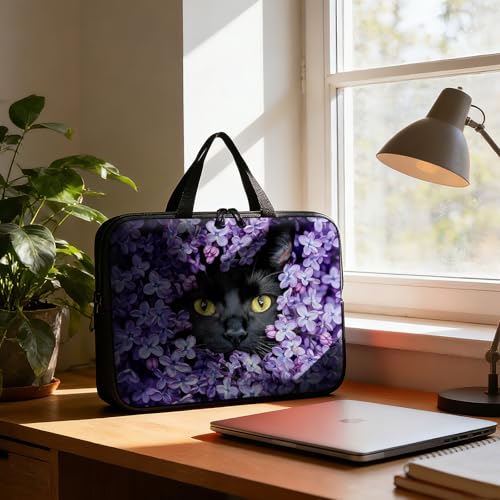Laptop Bag 10 Inch,Resistant Shockproof Laptop Sleeve Case Protective Cover Carrying Case with Handle Compatible for HP Dell Lenovo Acer Asus Notebook Computer,Black Cat Purple Flower - color: Black Cat Purple Flower, size: 9-10.5 in