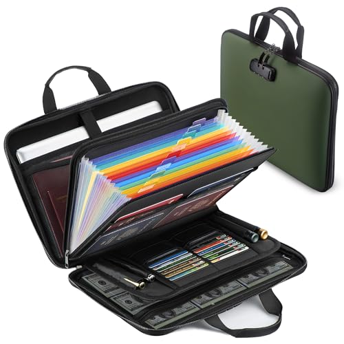 facka Fireproof Document Box with Lock, Hard-Shell Safe File Organizer | 13-Pocket Accordion Folder for Important & Legal Documents, Laptop, Passport, Cards & Valuables, Home Office Travel Green - color: Green