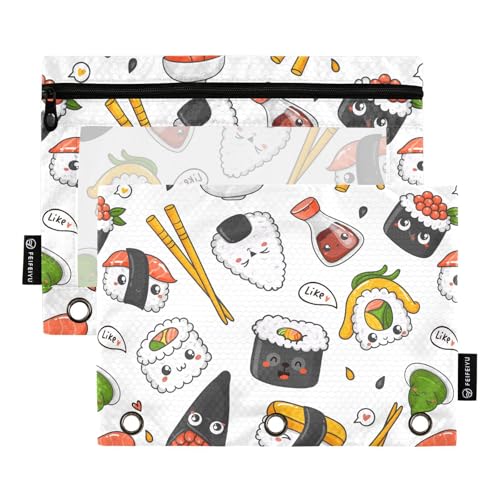 Kawaii Sushi White Pencil Pouch for 3 Ring Binder, Three Hole Pencil Case for Binder Bulk Pencil Bag with Clear Window and Zipper for Office School College, 2 Pack - color: Multicolor 21