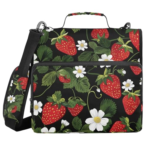 Strawberry Fruit Flower 3 Ring Zipper Binder Bag Binder Organizer with Handle Shoulder Strap for School Work Office Supplies - color: Strawberry Fruit Flower