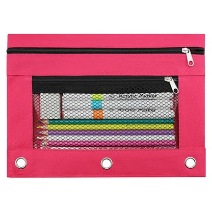 3 Ring Pencil Pouch for Binder, 2-Pocket Zipper Pencil Case with Clear Window & Mesh Pocket, 600D Oxford Fabric Binder Pouch for School Office Supplies, Fits Standard 3-Ring Binders, Rose Red - color: Rose Red