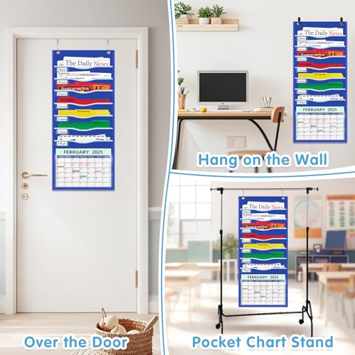 ALSLEA 15" Extra Wide Hanging File Organizer with 8 Pockets - Heavy Duty Classroom Pocket Chart, Wall Mounted Document Organizer with Writable Clear Pocket, 5 Wall/ Door Hooks & 12 Labels (Blue) - size: 8 Pockets Blue