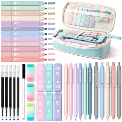 Four Candies School Supplies with Cute Pen Case, 39ct, Blue | Back to School Stationery Set, Essentials for College & Nursing Students, 5 Gel Pens, 6 Mechanical Pencils, 12 Highlighters - color: Blue, size: 39 Count (Pack of 1)