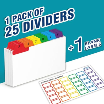 Chell 3"x5" Index Card Dividers, A-Z Tabbed, with Blank Stickers, 1 Set | Bright Colors, Heavyweight, Made of 110 lb. Cover Weight Paper, Alphabetical, Blank Stickers - size: 3"x5"