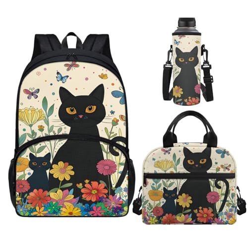 Horeset Floral Black Cat School Bags Set for Girls Sport Travel Kids Backpack with Picnic Lunch Box Water Bottle Bag Set of 3Pcs Large Capacity Bookbag Backpack for Primary Middle School Student - color: Floral Black Cat