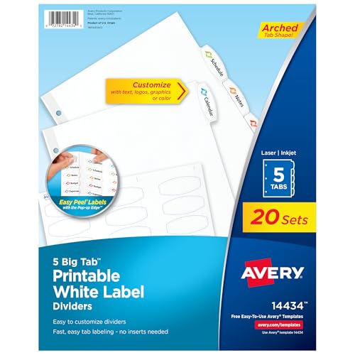 Avery Big Tab Printable White Label Dividers for 3 Ring Binders, 5 Tabs per Set, White, Great for Office Supplies, School Supplies, Organizing, and More (20 Sets of 14434) - size: One Size, style: 20 Sets