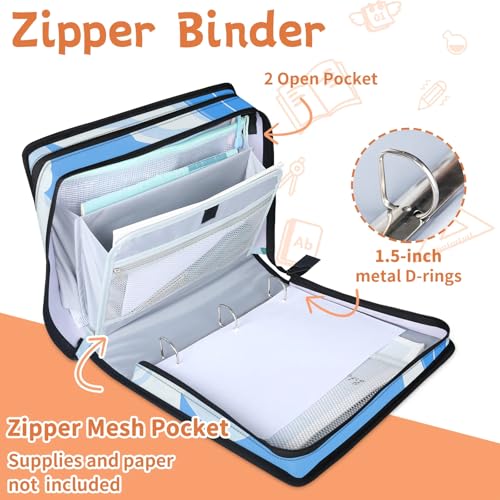 Summer Sea Coastal Zipper Binder, 3 D-Ring Expanding File Folder with Handle & Adjustable Shoulder Strap, 400 Sheets Capacity Multi-Pocket Organizer for 13 Inch Laptop - color: Summer Sea Coastal