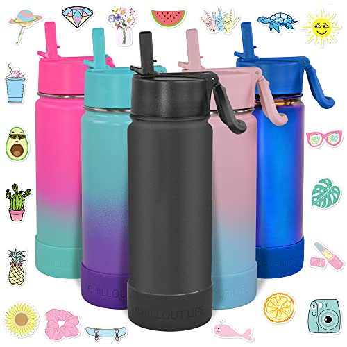 CHILLOUT LIFE 17oz Kids Insulated Stainless Steel Water Bottle with Leak Proof Straw Lid & 144 Stickers - color: Black, style: 17 oz