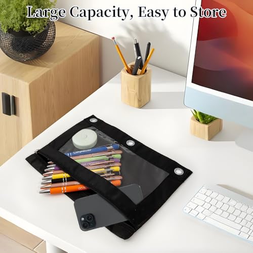 Pencil Pouch for 3 Ring Binder, 6 Pack Black Zipper Pencil Pouches, Clear Window Pencil Case for Binder, 3 Hole Pen Pouch Bulk, Pencil Bag with Grommets for College Office Supplies - color: Black