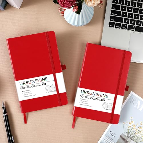 Dotted Journal/Notebook - Dot Grid Hard Cover Notebook, Premium Thick Paper with Fine Inner Pocket, Black Smooth Faux Leather, Pen Loop, 5.3'' x 8.26'' - Red - color: Red, size: Dotted