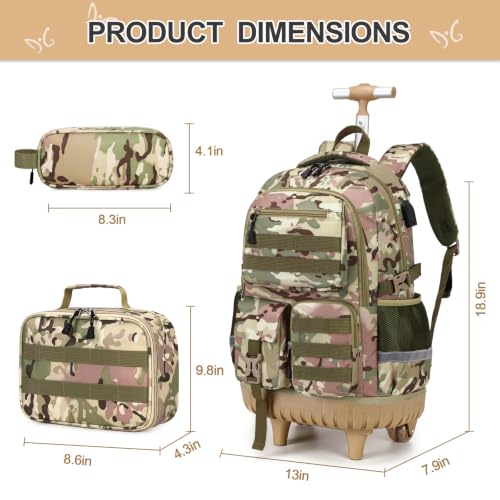 DIGOBAY Camo Rolling Backpack for Boys, 3PCS Tactical Kids Rolling Backpack Set with Lunch Bag & Pencil Case, Boys Wheeled School Bookbag for Elementary, Middle, High School - color: Camouflage Yellow/Green