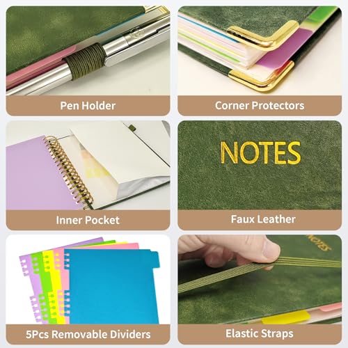 biguphate 1Pack Hardcover Spiral Notebook with Tab, Ruler & Removable Dividers, 300 Pages 8"x10" Large B5 Faux Leather Notebooks, 5 Subject Notebook College Ruled for Work, Home (Green) - color: 1PACK-Green