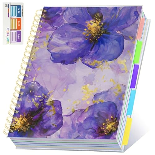5 Subject Notebook for Work with Removable Dividers Tabs, Large 8.5" x 11 Spiral Lined Notebooks for School Note Taking & Organizer, A4 240 Pages College Ruled Journal for Women & Writing, Purple Floral - color: Purple floral