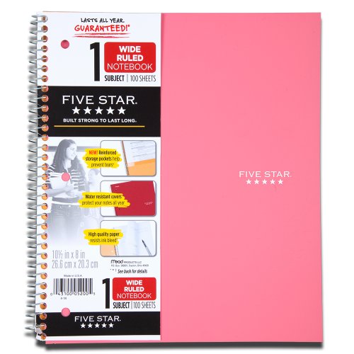 Five Star Wirebound Notebook, 1-Subject, 100 Wide-Ruled Sheets, 10.5 x 8 Inch Sheet Size, Pink (72013) - color: Pink