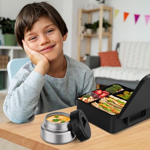 Bento Box for Kids with Thermo Food Container (9oz), 4-Compartment Lunch Box, Adjustable Divider, Leakproof Bento Lunch Box, Includes Utensils & Carry Bag for School, Office(Black) - color: Black