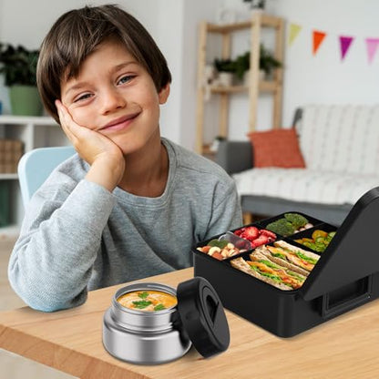Bento Box for Kids with Thermo Food Container (9oz), 4-Compartment Lunch Box, Adjustable Divider, Leakproof Bento Lunch Box, Includes Utensils & Carry Bag for School, Office(Black) - color: Black