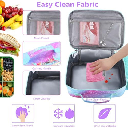 RHCPFOVR Kids Lunch Box for Girls Teens Insulated Lunch Bag Reusable Lunch Tote Kit for School Travel - color: Blue Mermaid Scale