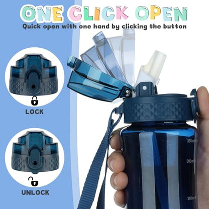 OLDLEY 12oz Kids Water Bottle, Tritan BPA-Free, Leakproof Flip Straw Lid, Motivational Time Marker, Carry Strap, Reusable Clear Water Bottle for Boys & Girls,Slate Blue - color: Slate Blue, style: 12 Ounces