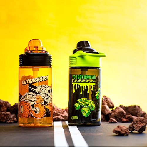 Zak Designs Hot Wheels Sage Kids Water Bottle For School or Travel, 16oz Durable Plastic Water Bottle With Straw, Handle, and Leak-Proof, Pop-Up Spout Cover, 2-Pack Set (Monster Trucks) - color: Hot Wheels (Monster Trucks)