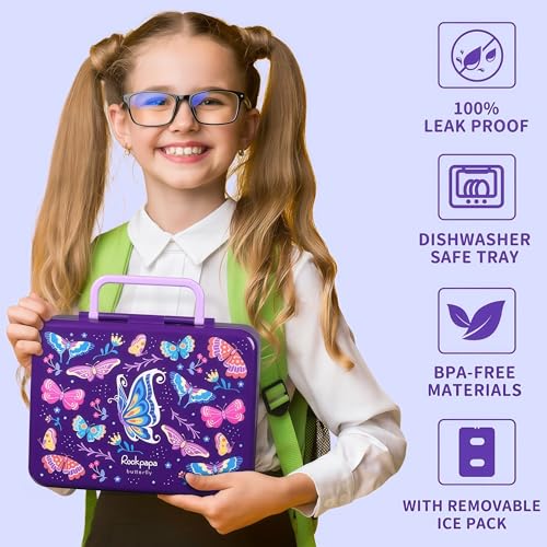 rockpapa Chill Bento Box for Kids- Large 5.5 Cups Lunch Box with Ice Pack - 5 Compartments, BPA-Free, Leak Proof, with Utensils & Portable Handle, Microwave/Dishwasher Safe (Purple Butterfly) - color: Purple Butterfly