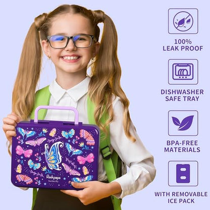 rockpapa Chill Bento Box for Kids- Large 5.5 Cups Lunch Box with Ice Pack - 5 Compartments, BPA-Free, Leak Proof, with Utensils & Portable Handle, Microwave/Dishwasher Safe (Purple Butterfly) - color: Purple Butterfly