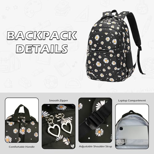 Glodwheat Daisy Printed Backpack For Girls- 3Pc Set With Lunch Box & Pencil Case, Lightweight Water-Resistant Bookbag For Elementary School - color: Black