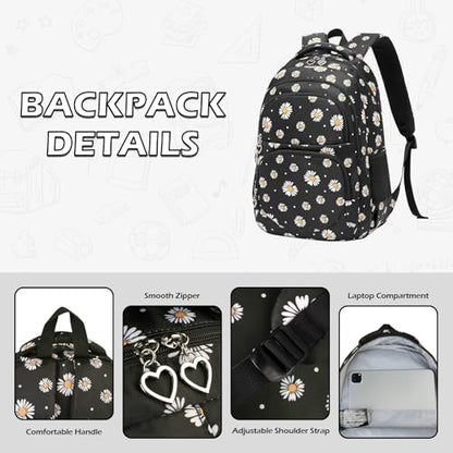 Glodwheat Daisy Printed Backpack For Girls- 3Pc Set With Lunch Box & Pencil Case, Lightweight Water-Resistant Bookbag For Elementary School - color: Black