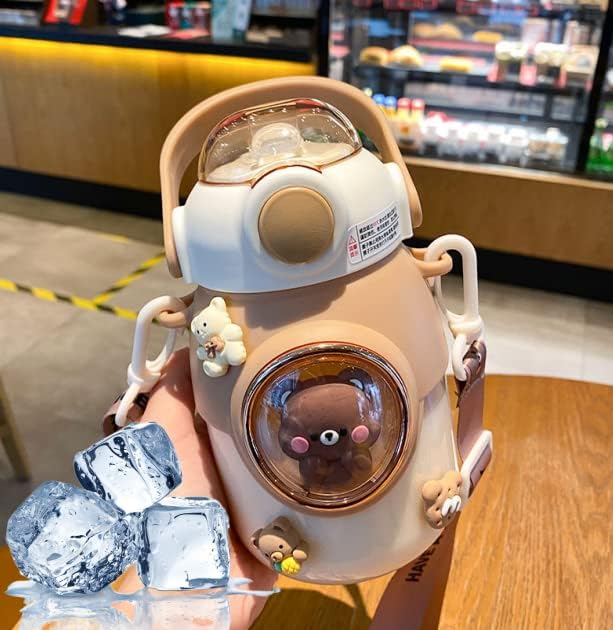 LEJN 28 oz Water Bottle Kawaii with Adjustable Shoulder Strap for Summer Cold Water Chill Portable Leakproof BPA-free Cartoon Children Cup Traveling Hiking Camping (Brown820ml) - color: Brown820ml