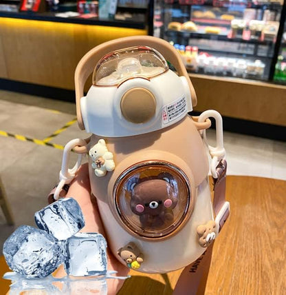 LEJN 28 oz Water Bottle Kawaii with Adjustable Shoulder Strap for Summer Cold Water Chill Portable Leakproof BPA-free Cartoon Children Cup Traveling Hiking Camping (Brown820ml) - color: Brown820ml