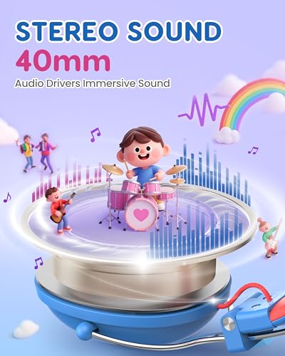awatrue Kids Headphones, 74/85dB Safe Volume Limit, Stereo Sound, Wired On-Ear Headphones for Kids Boys Girls, 3.5mm Jack for Tablet, iPad, Kindle, YOTO Player, Airplane Travel, Blue - color: Blue-Red