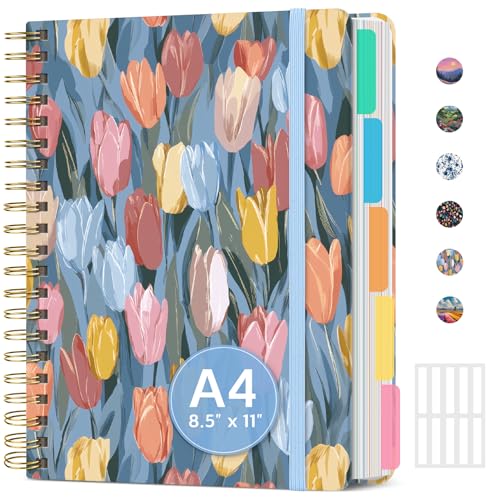 Large Spiral Lined Notebook for Work with Dividers & Tabs, 8.5"x11" Hardcover 5 Subject Notebook, College Ruled, 280 Pages, Soft Tulips - color: L - Soft Tulips